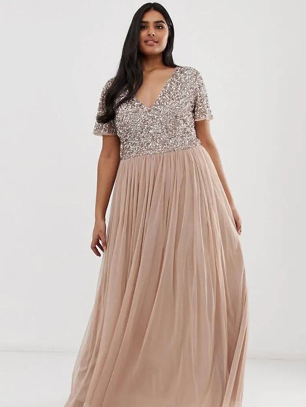 Maya Deluxe Maxi Dress V Neck Blush Taupe Sequin Embellished Bodice Tulle Skirt